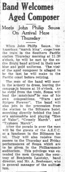 Band Welcomes John Philip Sousa, November 6, 1928