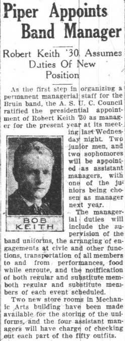 Robert Keith appointed Band manager, overview of managerial duties. November 9, 1928