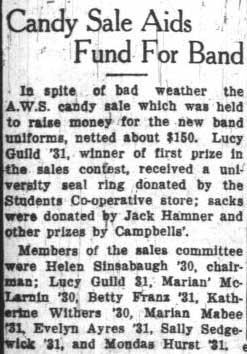 Associated Women Students sell candy to raise funds for Band uniforms, October 18, 1928 