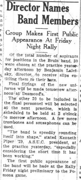 Director names Band members, uniform fittings. October 16, 1928