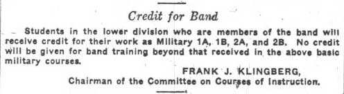 Notice - Academic credit for Band members, October 22, 1928 