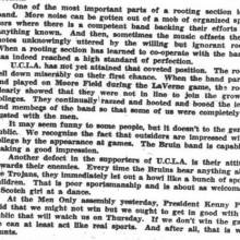 Editorial - "Final Game to Test Rooters." Mention of UCLA rooters booing Band. November 28, 1928