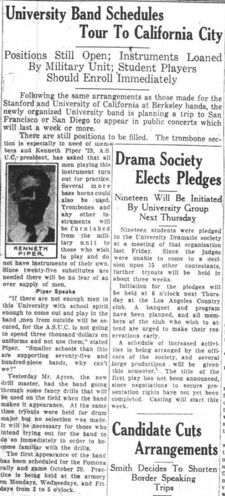 Band schedules tour and borrows instruments from ROTC Band, Piper seeks growth of Band. October 9, 1928