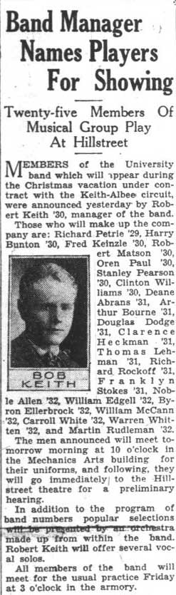 Robert Keith announces roster for Hillstreet Theatre gig, December 5, 1928 