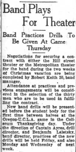 Band to perform at Hillstreet or Metropolitan theater, November 21, 1928 