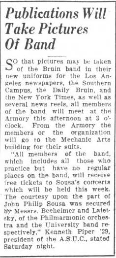 Band pictures; Members receive free Sousa concert tickets. November 5, 1928