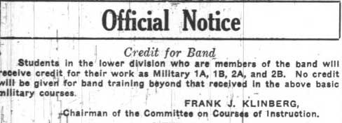 Official notice - Military credit for Band, Ocotober 9, 1928 