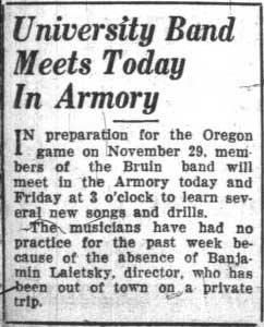 University Band meets in armory, November 19, 1928