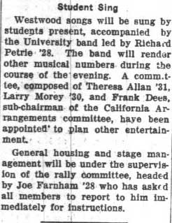 Band performs Westwood songs at night assembly, March 28, 1928