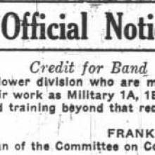 Official notice - Military credit for Band, Ocotober 9, 1928 