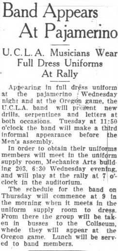 Band at Pajamarino, Band schedule for Oregon game. November 26, 1928 