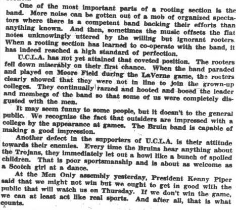 Editorial - "Final Game to Test Rooters." Mention of UCLA rooters booing Band. November 28, 1928