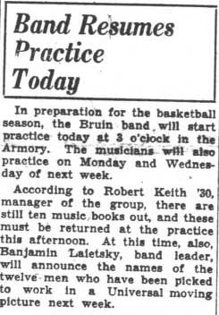 Band resumes practice, Laiestky announces movie appearance, January 1, 1929 