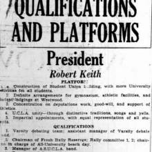 Robert Keith's platform for ASUC president, May 3, 1929