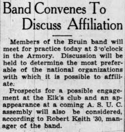 Band convenes to discuss petitioning national honorary band service fraternity, Kappa Kappa Psi. March 6, 1929.