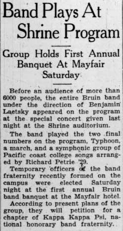 Band plays at Shrine program, will petition Kappa Kappa Psi. February 25, 1929