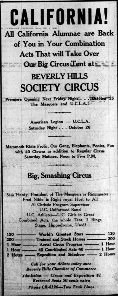 Beverly Hills Circus advertisement, October 22, 1929