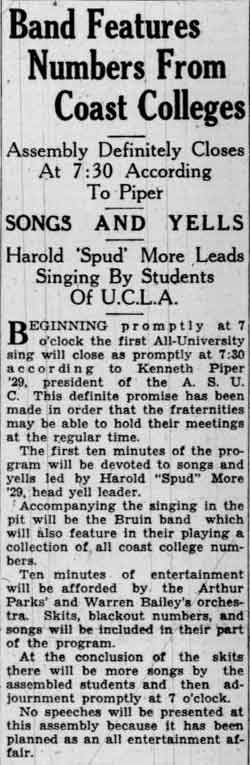 Band performs tunes from Pacific Coast Colleges, March 11, 1929