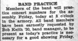 Band practice announcement, January 16, 1929