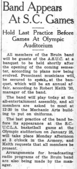 Band appears at basketball games against USC, January 28, 1929