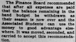 Student Council Minutes - Finance board withdraws Band budget surplus, March 6, 1929