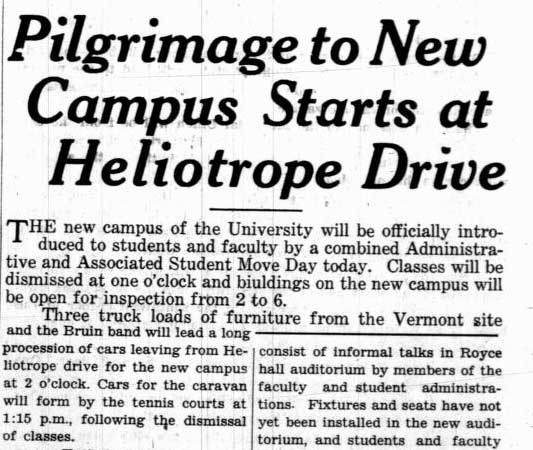 Moving Day - "Bruin band will lead a long procession of cars." Unclear if this refers to a 'band' of students or the UCLA Band. May 31, 1929