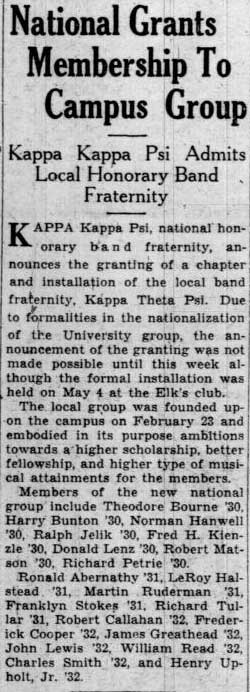 Kappa Kappa Psi approves petition, May 27, 1929