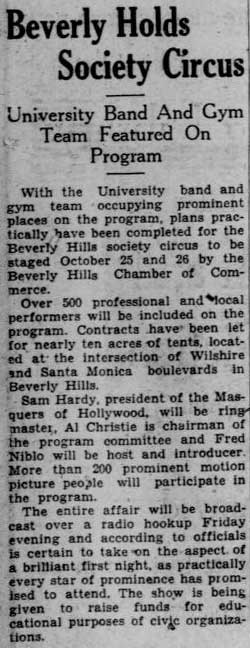 Beverly Hills Circus article, October 21, 1929