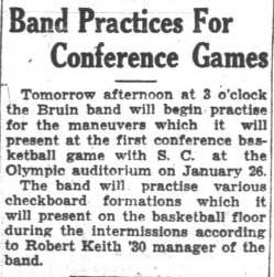 Band practices for basketball conference games - "Checkboard formations". January 3, 1929