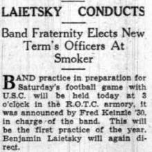 Band members hold practice for SC game, Laietsky directs. September 23, 1929