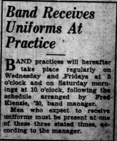 Band receives uniforms at practice, October 9, 1929