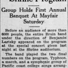 Band plays at Shrine program, will petition Kappa Kappa Psi. February 25, 1929