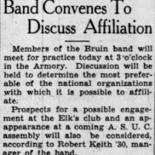 Band convenes to discuss petitioning national honorary band service fraternity, Kappa Kappa Psi. March 6, 1929.