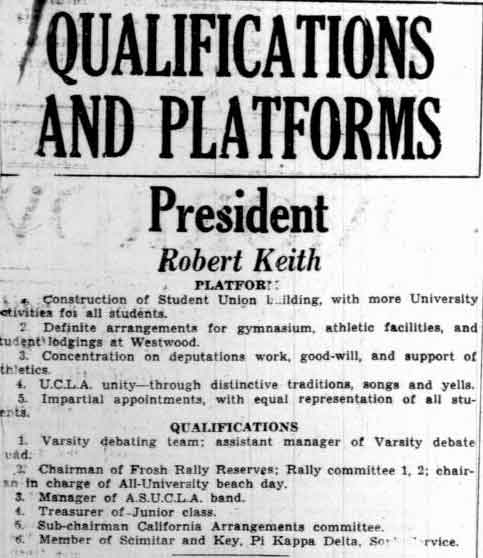 Robert Keith's platform for ASUC president, May 3, 1929