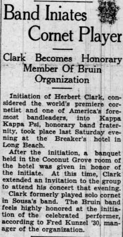 Kappa Kappa Psi initiates cornetist Herbert Clarke, November 5, 1929