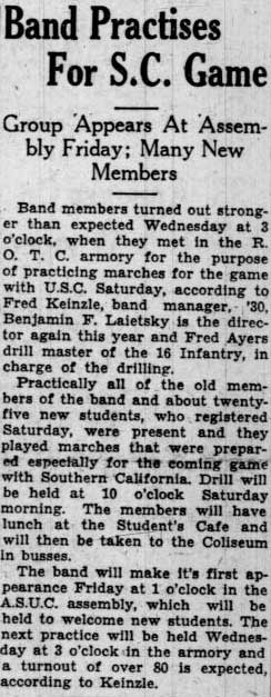 Band practices for SC game, September 24, 1929