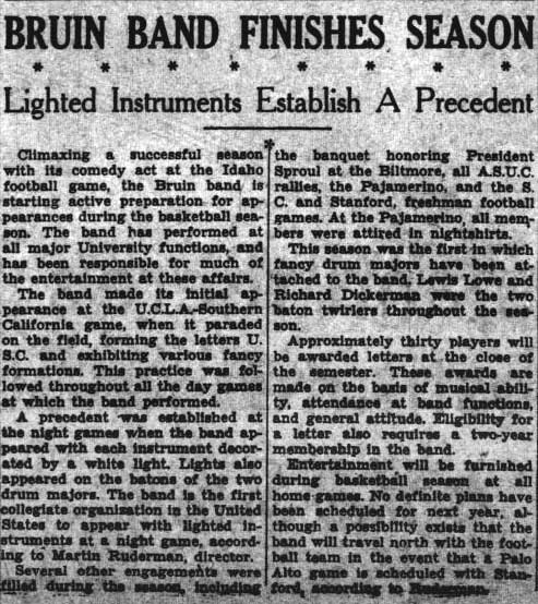 Bruin Band finishes season, lighted instruments. December 4, 1930