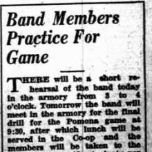 Band members practice for Pomona game, October 10, 1930 