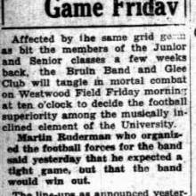 Article and line-up for Band vs. Glee Club football match-up, December 18, 1930
