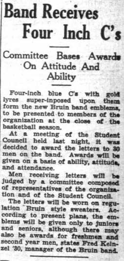 Band members receive letter awards, January 23, 1930