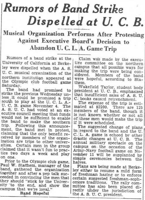 Cal Band threatens to strike, October 17, 1933