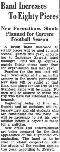 Band increased to 80 members under Lawrence Everett, Band Manager. September 19, 1933