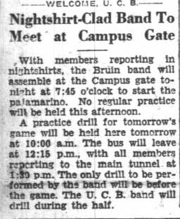 Band to assemble at campus gate in nightshirts, November 3, 1933