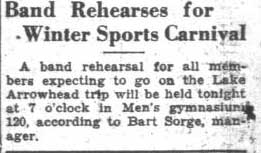 Band rehearses for Arrowhead Sports Carnival, January 24, 1933