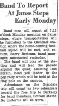 Band to report at Janss Steps and greet team, September 28, 1934