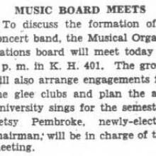 Music Board meets, discusses concert band. February 20, 1934 