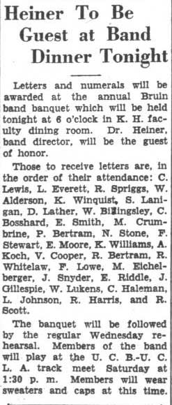 Dr. E.M. Hiner guest at Band Banquet, March 21, 1934