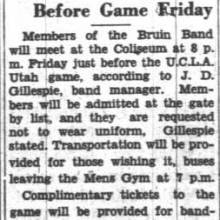 Bandsmen to meet at Coliseum for Utah game, September 25, 1935