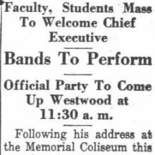 Band to perform as President Franklin Roosevelt passes through UCLA, October 1, 1935