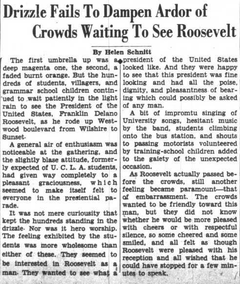 Reaction to President Franklin D. Roosevelt's visit, "hesitant music by the band." October 2, 1935